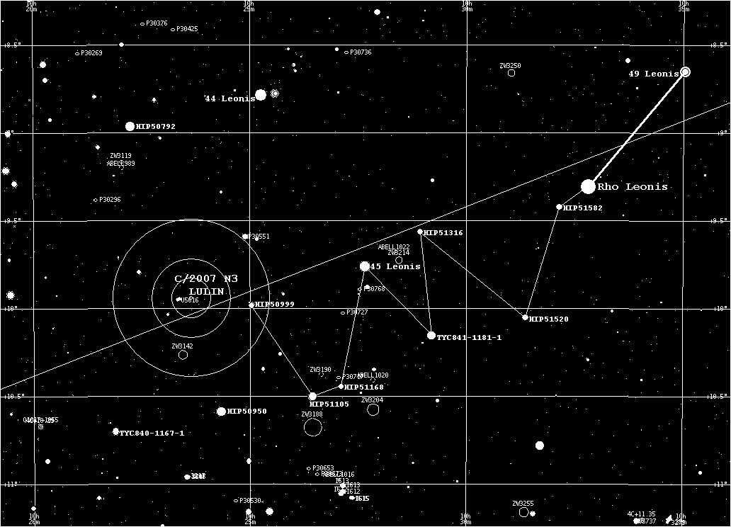 Star chart from Rho Leonis to Comet Lulin for 2009.II.27.0204 UT