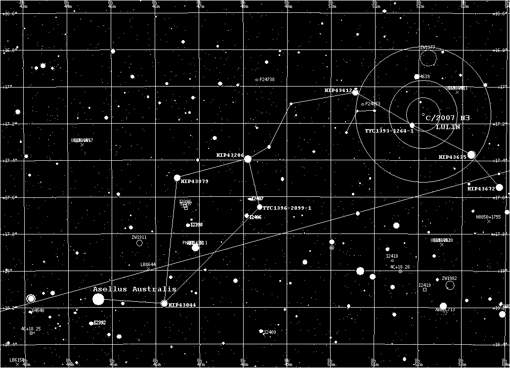 Star chart from Asellus Australis to Comet Lulin for 2009.III.4.2251 UT